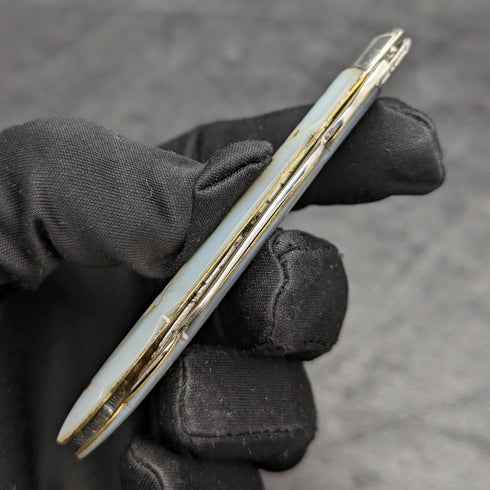1910 British Antique White Pearl Shell Handle Pure Silver Engraving Blade Folding Pen Knife
